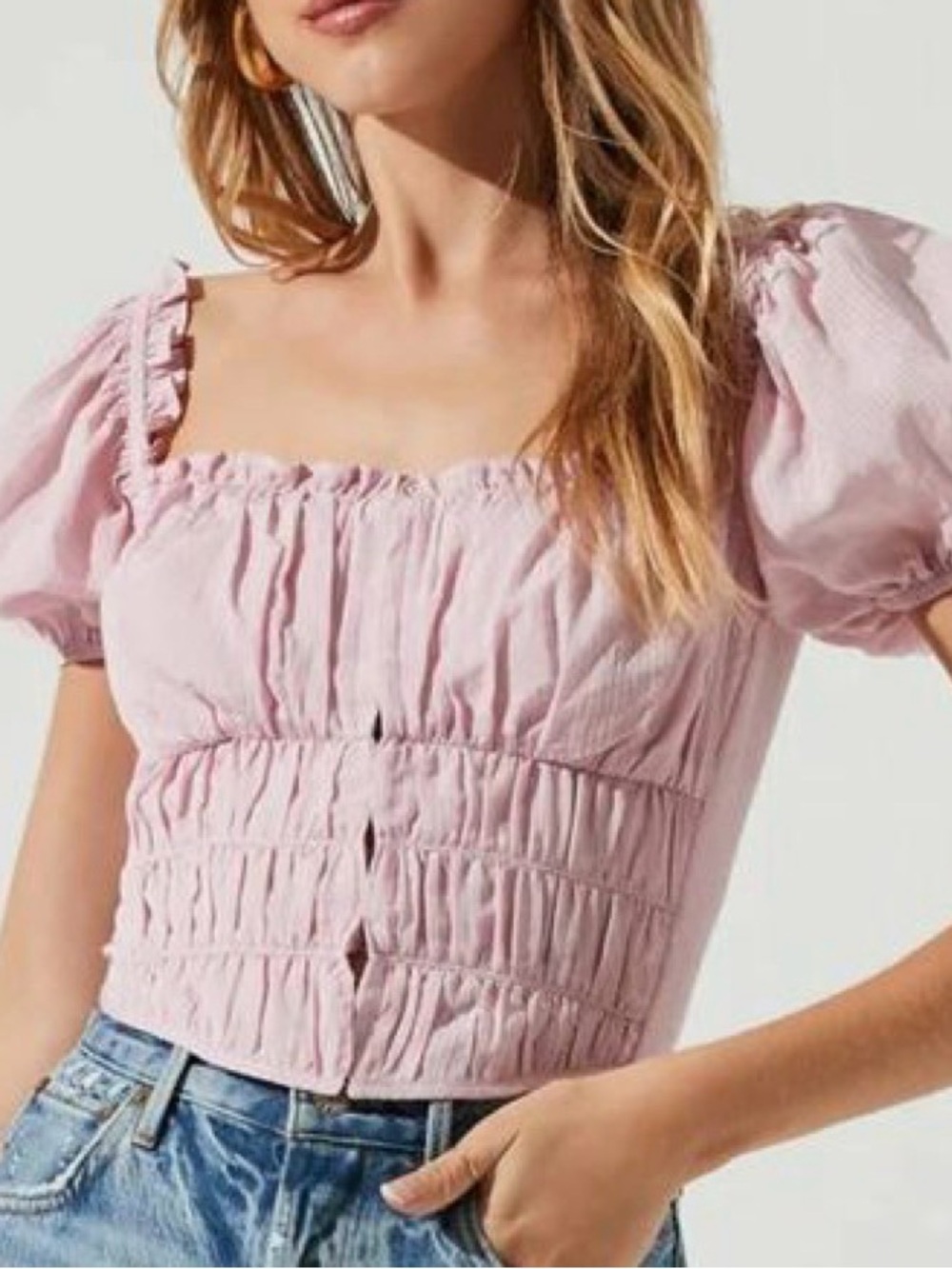 Astr Smocked Square-Neck Puff Sleeve Crop Top - Light Pink